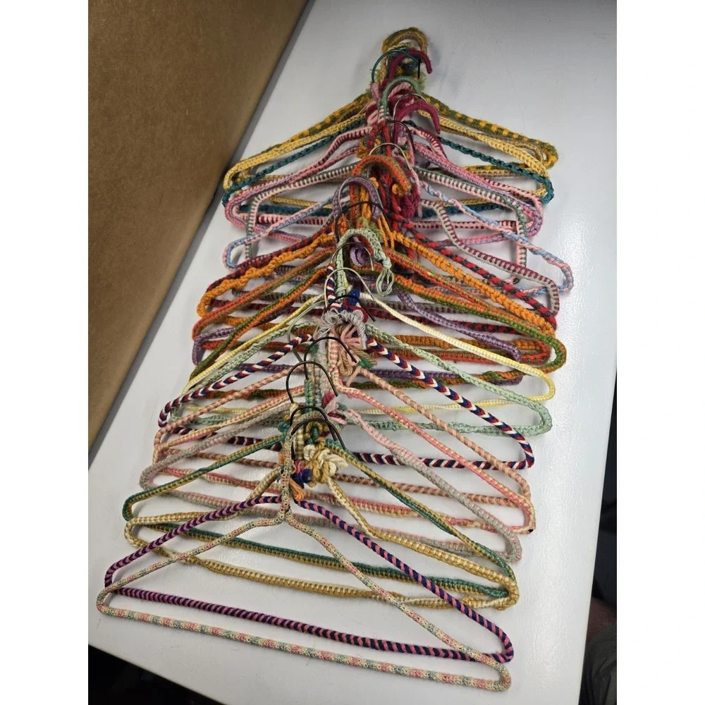 Vintage Lot Of 24 Hand Made Knit Colorful Granny Yarn Crochet Wire Hangers